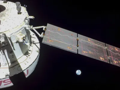 This image provided by NASA shows flight Day 9 imagery that NASA's Orion spacecraft captured looking back at the Earth from a camera mounted on one of its solar arrays. NASA's Orion capsule is now circling the moon in an orbit stretching tens of thousands of miles. The capsule and its three test dummies entered the far-flung orbit Friday, Nov. 25, 2022, more than a week after launching on the test flight. (NASA via AP)