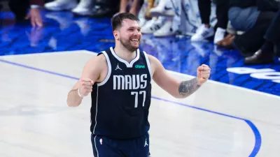 Jun 14, 2024; Dallas, Texas, USA; Dallas Mavericks guard Luka Doncic (77) reacts during the game against the Boston Celtics during game four of the 2024 NBA Finals at American Airlines Center. Mandatory Credit: Kevin Jairaj-USA TODAY Sports