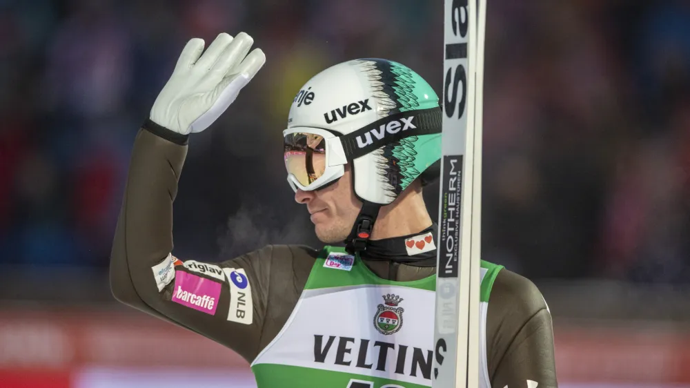 Anze Lanisek of Slovenia during the men's FIS Ski Jumping World Cup competition in Engelberg, Switzerland, Saturday Dec. 17, 2022 in (Urs Flueeler/Keystone via AP)