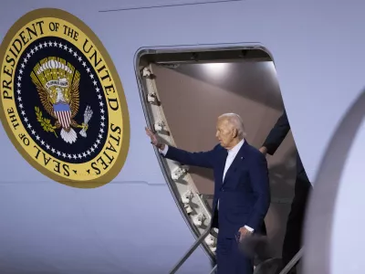 President Joe Biden arrives at Dover Air Force Base, in Dover, Del., Friday, July 12, 2024, from a campaign trip in Detroit. (AP Photo/Manuel Balce Ceneta)