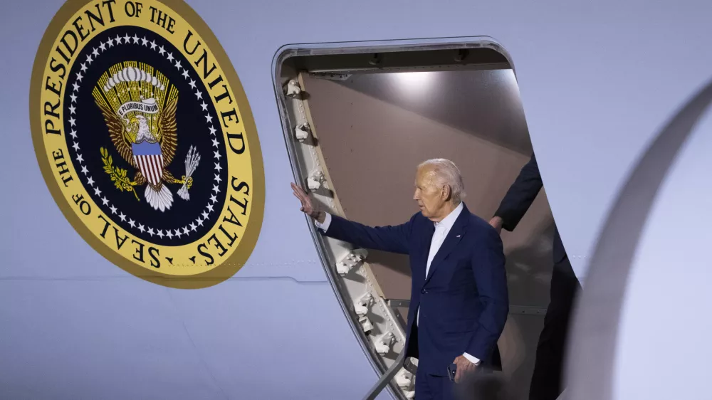 President Joe Biden arrives at Dover Air Force Base, in Dover, Del., Friday, July 12, 2024, from a campaign trip in Detroit. (AP Photo/Manuel Balce Ceneta)