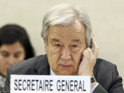 FILE - U.N. Secretary-General Antonio Guterres listens to a speech during the opening of the High-Level Segment of the 55th session of the Human Rights Council at the European headquarters of the United Nations in Geneva, Switzerland, on Feb. 26, 2024. Guterres appealed for funding Friday, July 13, 2024, for the beleaguered U.N. agency helping Palestinian refugees in Gaza and elsewhere in the Middle East, accusing Israel of issuing evacuation orders that force Palestinians "to move like human pinballs across a landscape of destruction and death."(Salvatore Di Nolfi/Keystone via AP, File)