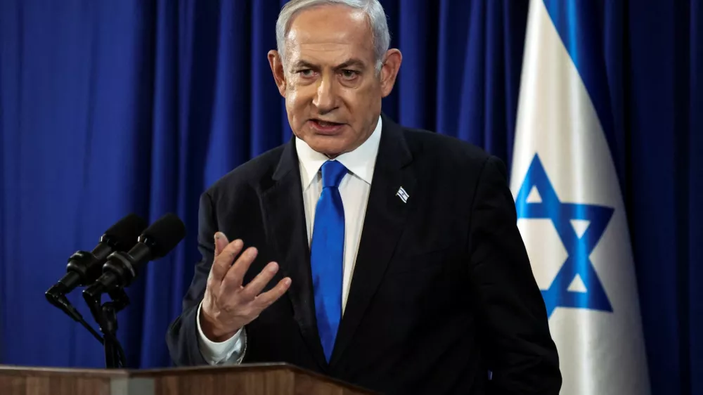 Israeli Prime Minister Benjamin Netanyahu speaks during a press conference amid the ongoing conflict in Gaza between Israel and Hamas, in Tel Aviv, Israel, July 13, 2024. REUTERS/Nir Elias/Pool