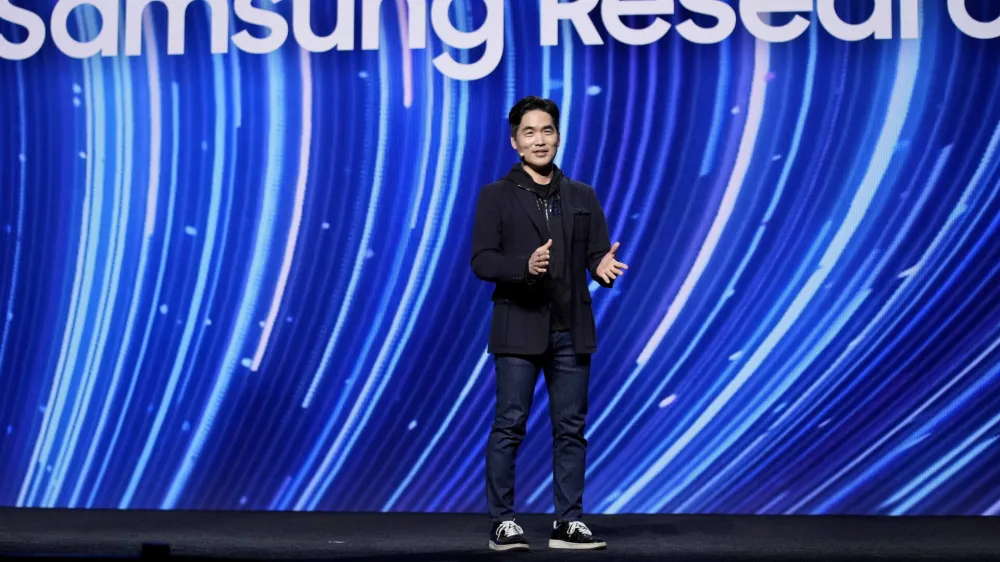 Sebastian Seung, corporate president and global R&D innovation officer at Samsung Electronics, speaks during a Samsung news conference before the start of the CES tech show Wednesday, Jan. 4, 2023, in Las Vegas. (AP Photo/John Locher)