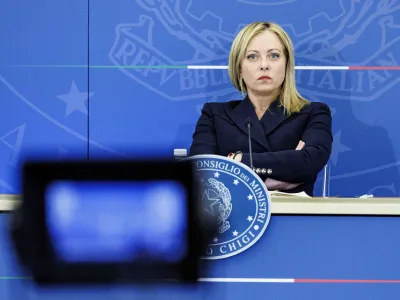 Italian Premier Giorgia Meloni atteds a press conference at the end of a Cabinet Ministers meeting in Rome, Monday, Oct. 31, 2022.(Roberto Monaldo/LaPresse via AP)