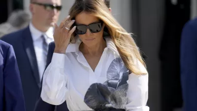 FILE - Former first lady Melania Trump leaves after voting in the Florida primary election in Palm Beach, Fla., March 19, 2024. Melania Trump is not expected to speak at next week's Republican National Convention, which will feature speeches by other Trump family members and a long list of GOP officials. The former first lady will attend the convention, but does not appear on a list of  headliners and keynote speakers released by convention organizers Saturday, July 13. (AP Photo/Wilfredo Lee, File)