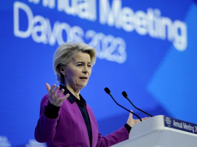 EU Commission President Ursula von der Leyen delivers a speech at the World Economic Forum in Davos, Switzerland Tuesday, Jan. 17, 2023. The annual meeting of the World Economic Forum is taking place in Davos from Jan. 16 until Jan. 20, 2023. (AP Photo/Markus Schreiber)