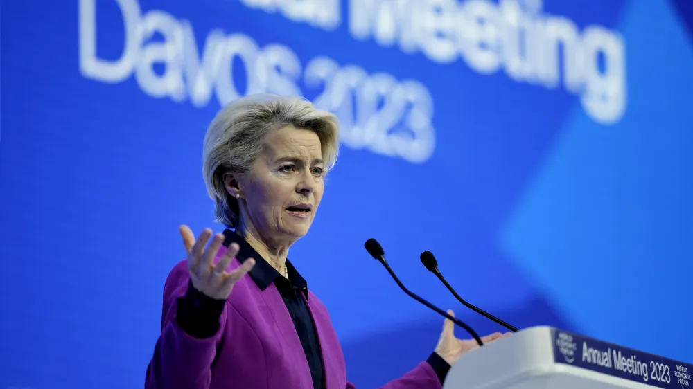 EU Commission President Ursula von der Leyen delivers a speech at the World Economic Forum in Davos, Switzerland Tuesday, Jan. 17, 2023. The annual meeting of the World Economic Forum is taking place in Davos from Jan. 16 until Jan. 20, 2023. (AP Photo/Markus Schreiber)