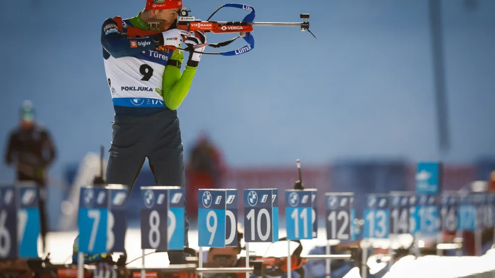 Pokljuka, Rudno polje.<br>Svetovni pokal v biatlonu na Pokljuki - Moski sprint na 10 km.<br>Slovenski biatlonec Jakov Fak.