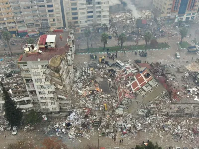 A general view shows damaged and collapsed buildings after an earthquake in Kahramanmaras, Turkey February 6, 2023. Ihlas News Agency (IHA) via REUTERS ATTENTION EDITORS - THIS PICTURE WAS PROVIDED BY A THIRD PARTY. NO RESALES. NO ARCHIVES. TURKEY OUT. NO COMMERCIAL OR EDITORIAL SALES IN TURKEY.