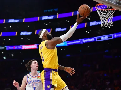 Feb 7, 2023; Los Angeles, California, USA; Los Angeles Lakers forward LeBron James (6) shoots the ball in the second half against the Oklahoma City Thunder at Crypto.com Arena. Mandatory Credit: Gary A. Vasquez-USA TODAY Sports