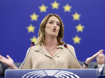 European Parliament President Roberta Metsola speaks during the opening plenary of the newly-elected European Parliament in Strasbourg, eastern France, Tuesday, July 16, 2024. (AP Photo/Jean-Francois Badias)