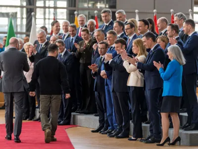 Ukrainian President Volodymyr Zelenskiy is greeted at the European Parliament, during his second international trip since Russia's invasion of Ukraine, in Brussels, Belgium February 9, 2023. Daina Le Lardic/European Union 2023/Handout via REUTERS ATTENTION EDITORS - THIS IMAGE HAS BEEN SUPPLIED BY A THIRD PARTY. MANDATORY CREDIT