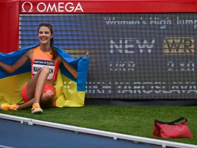 PARIS, FRANCE - JULY 08:Yaroslava MAHUCHIKH of Ukraine celebrates after winning the Women's High Jump and achieving a 2.10m performance, a new World Record, during the Meeting of Paris 2024 - IAAF Diamond League, on July 08, 2024, at Charlety Stadium, Paris, France. (Photo by Artur Widak/NurPhoto)NO USE FRANCE