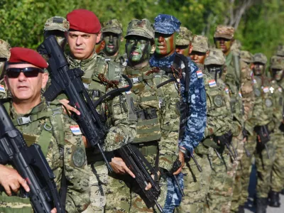 Cratia Army members participate in the "Marko Babi?" Leadership Development Center march from Udbina to Knin in Stara Straza, Croatia on July 17, 2024. Route is 88 kilometers long and 29 participants will end it in 2 days. Photo: Hrvoje Jelavic/PIXSELL/Sipa USANo Use Belgium. No Use Bosnia and Herzegovina. No Use Germany. No Use Croatia.