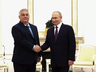 FILED - 05 July 2024, Russia, Moscow: Russian President Vladimir Putin (R) shakes hands with Hungary's Prime Minister Viktor Orban during their meeting in Moscow. Photo: -/Kremlin/dpa - ATTENTION: editorial use only and only if the credit mentioned above is referenced in full