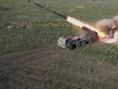 In this photo taken from video released by the Russian Defense Ministry on Friday, July 19, 2024, a Russian self-propelled multiple rocket launcher Uragan  (Hurricane) fires toward Ukrainian position at an undisclosed location in Ukraine. (Russian Defense Ministry Press Service via AP)