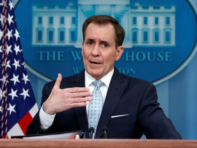 John Kirby, National Security Council coordinator for strategic communications, answers questions during the daily press briefing at the White House in Washington, U.S., February 13, 2023. REUTERS/Evelyn Hockstein