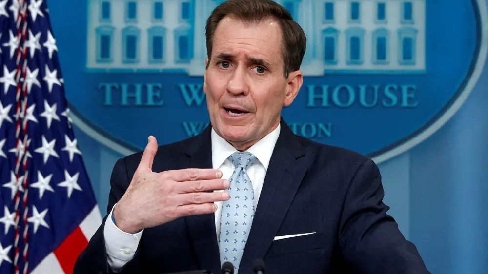 John Kirby, National Security Council coordinator for strategic communications, answers questions during the daily press briefing at the White House in Washington, U.S., February 13, 2023. REUTERS/Evelyn Hockstein