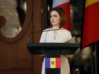 FILE PHOTO: Moldovan President Maia Sandu gives a statement during a visit from French President Emmanuel Macron (not pictured) following their meeting in Chisinau, Moldova, June 15, 2022. Yoan Valat/Pool via REUTERS/File Photo