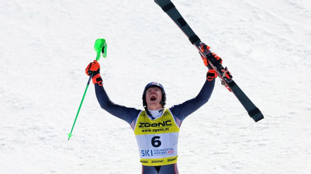 Alpine Skiing - FIS Alpine Ski World Cup - Men's Slalom - Courchevel, France - February 19, 2023 Norway's Henrik Kristoffersen celebrates after winning the Men's Slalom REUTERS/Denis Balibouse