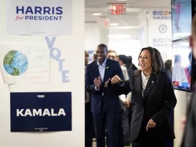 Vice President Kamala Harris arrives at her campaign headquarters in Wilmington, Del., Monday, July 22, 2024. (Erin Schaff/The New York Times via AP, Pool)