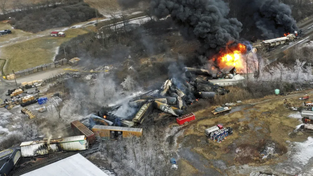 FILE - In this photo taken with a drone, portions of a Norfolk Southern freight train that derailed the previous night in East Palestine, Ohio, remain on fire at mid-day on Feb. 4, 2023. Transportation Secretary Pete Buttigieg announced a package of reforms to improve safety Tuesday, Feb. 21 — two days after he warned the railroad responsible for the derailment, Norfolk Southern, to fulfill its promises to clean up the mess just outside East Palestine, and help the town recover. (AP Photo/Gene J. Puskar, File)