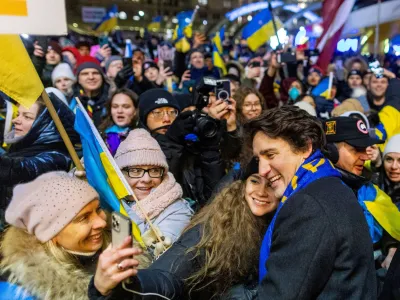 Canada's Prime Minister Justin Trudeau attends a rally in support of Ukraine on the one year anniversary of Russia's invasion of Ukraine, at Nathan Phillips Square, in Toronto Ontario, Canada February 24, 2023. REUTERS/Carlos Osorio