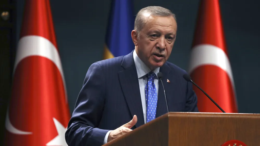 FILE - Turkish President Recep Tayyip Erdogan speaks to the media during a joint news conference with Sweden's new prime minister, Ulf Kristersson, in Ankara, Turkey, Nov. 8, 2022. Turkey's president has announced May 14 as the date for the country's next parliamentary and presidential elections. President Recep Tayyip Erdogan, who plans to seek reelection, made the announcement during a youth conference in northwestern Bursa province on Saturday Jan. 21, 2023. (AP Photo/Burhan Ozbilici, File)