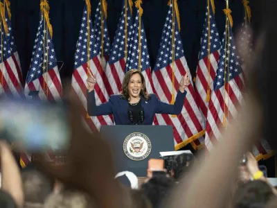 Vice President Kamala Harris campaigns for President as the presumptive Democratic candidate during an event at West Allis Central High School, Tuesday, July 23, 2024, in West Allis, Wis. (AP Photo/Kayla Wolf)