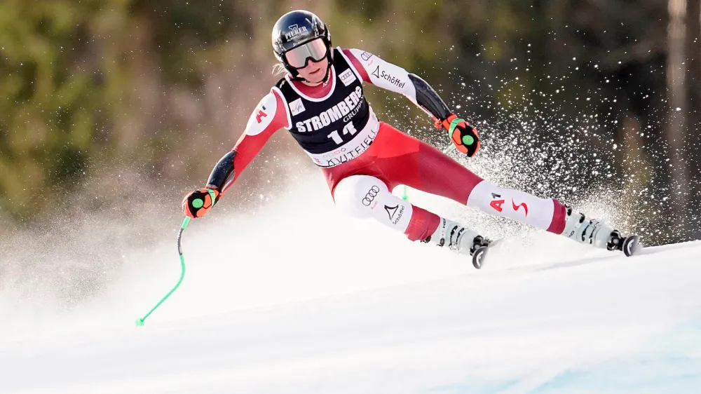 Alpine Skiing - FIS Alpine Ski World Cup - Kvitfjell, Norway - March 3, 2023 Austria's Cornelia Huetter in action during the women's Super G Stian Lysberg Solum/NTB via REUTERS  ATTENTION EDITORS - THIS IMAGE WAS PROVIDED BY A THIRD PARTY. NORWAY OUT. NO COMMERCIAL OR EDITORIAL SALES IN NORWAY.