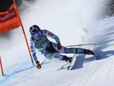 Slovenia's Ilka Stuhec speeds down the course during an alpine ski, World Cup women's downhill race, in Kvitfjell, Norway, Saturday, March 4, 2023. (AP Photo/Marco Trovati)