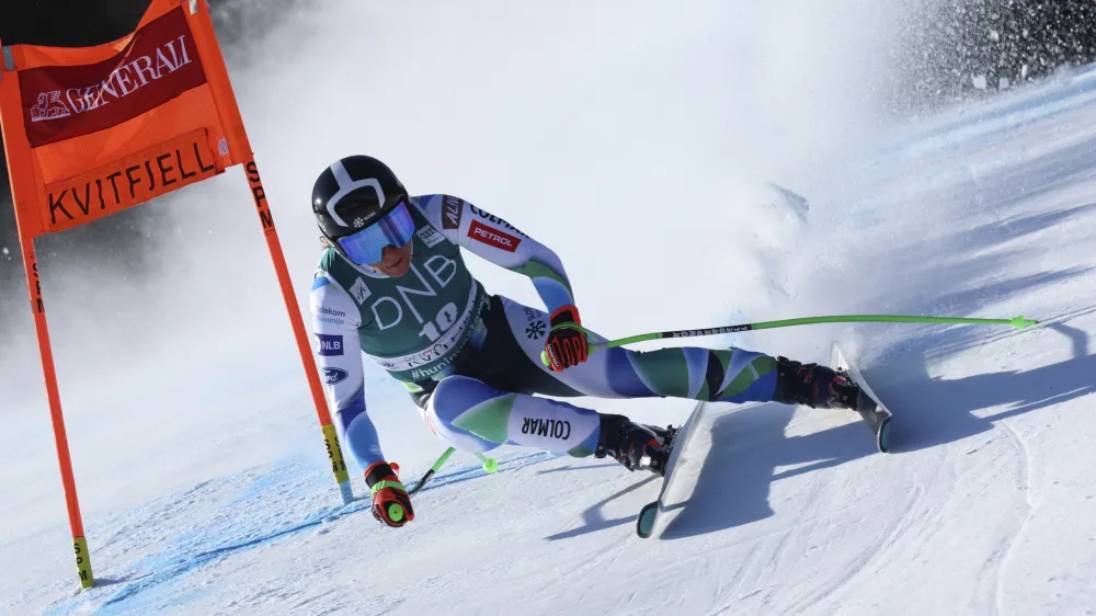 Slovenia's Ilka Stuhec speeds down the course during an alpine ski, World Cup women's downhill race, in Kvitfjell, Norway, Saturday, March 4, 2023. (AP Photo/Marco Trovati)