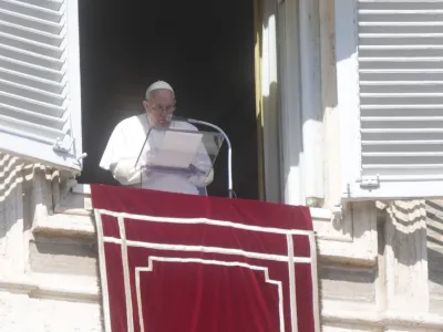 Pope Francis delivers the Angelus noon prayer in St. Peter's Square at the Vatican, Sunday, March 5, 2023. (AP Photo/Gregorio Borgia)