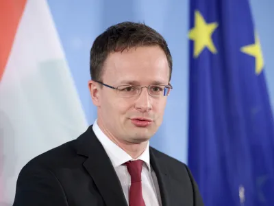 FILED - 04 April 2016, Berlin: Hungarian Minister of Foreign Affairs Peter Szijjarto during a press statement at the Ministry of Foreign Affairs in Berlin. Szijjarto accused the West in parliament on Monday of falling into a "war psychosis." Photo: picture alliance / dpa