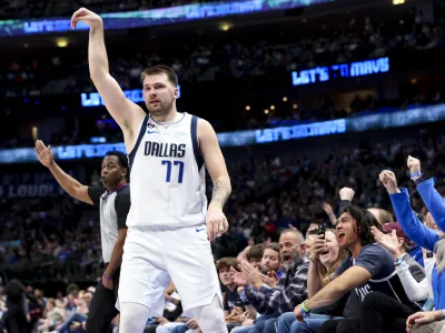 Mar 7, 2023; Dallas, Texas, USA; Dallas Mavericks guard Luka Doncic (77) reacts after scoring during the third quarter against the Utah Jazz at American Airlines Center. Mandatory Credit: Kevin Jairaj-USA TODAY Sports