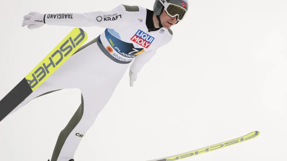 Norway's Jarl Magnus Riiber competes during the Nordic Combined Mixed Team HS102 competition at the Nordic World Championships in Planica, Slovenia, Sunday, Feb. 26, 2023. (AP Photo/Darko Bandic)