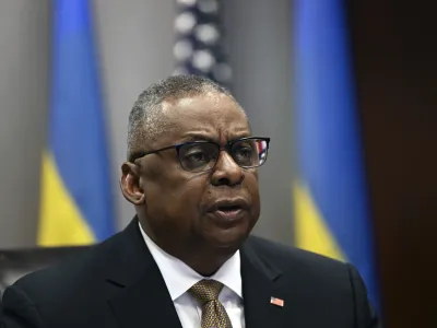 Defense Secretary Lloyd Austin attends a virtual meeting of the Ukraine Defense Contact Group, Wednesday, March 15, 2023, at the Pentagon in Washington. (Andrew Caballero-Reynolds/Pool via AP)