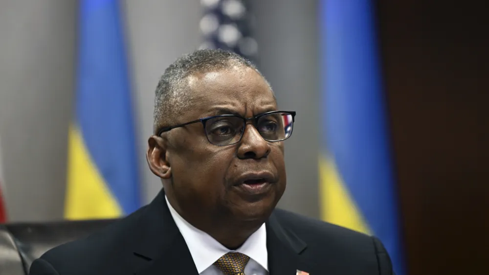 Defense Secretary Lloyd Austin attends a virtual meeting of the Ukraine Defense Contact Group, Wednesday, March 15, 2023, at the Pentagon in Washington. (Andrew Caballero-Reynolds/Pool via AP)