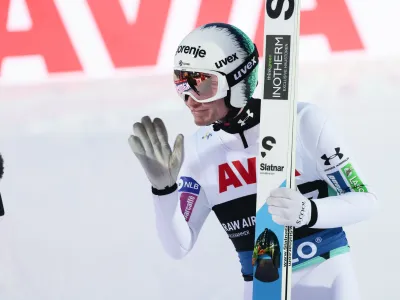 Anse Lanisek from Slovenia reacts after finishing in second place in the men's skijumping in Lysgardsbakken in Lillehammer, Norway, Thursday March 16, 2023. (Geir Olsen/NTB Scanpix via AP)