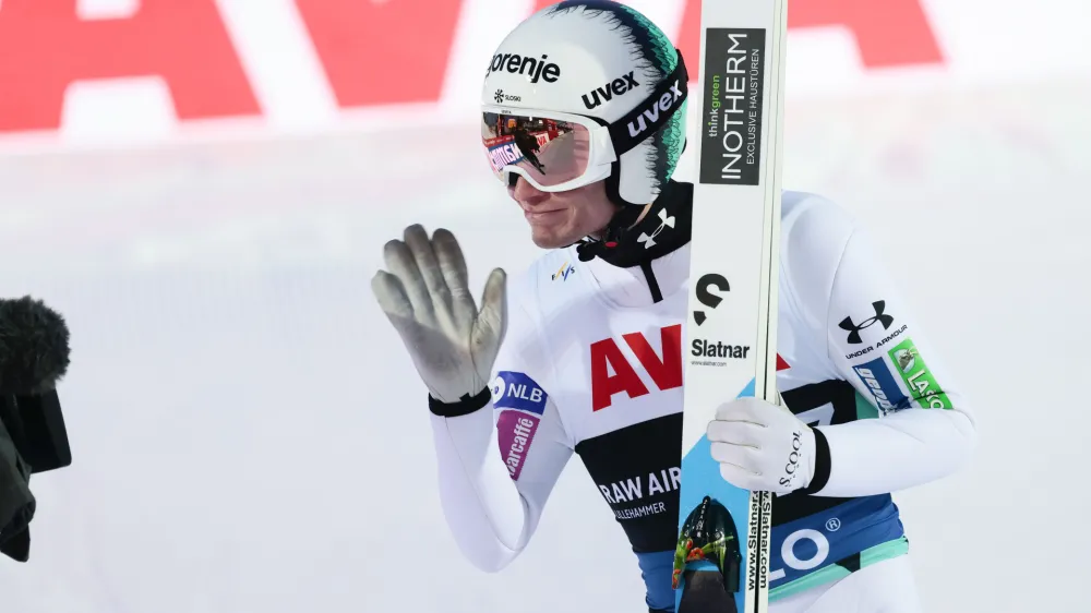 Anse Lanisek from Slovenia reacts after finishing in second place in the men's skijumping in Lysgardsbakken in Lillehammer, Norway, Thursday March 16, 2023. (Geir Olsen/NTB Scanpix via AP)