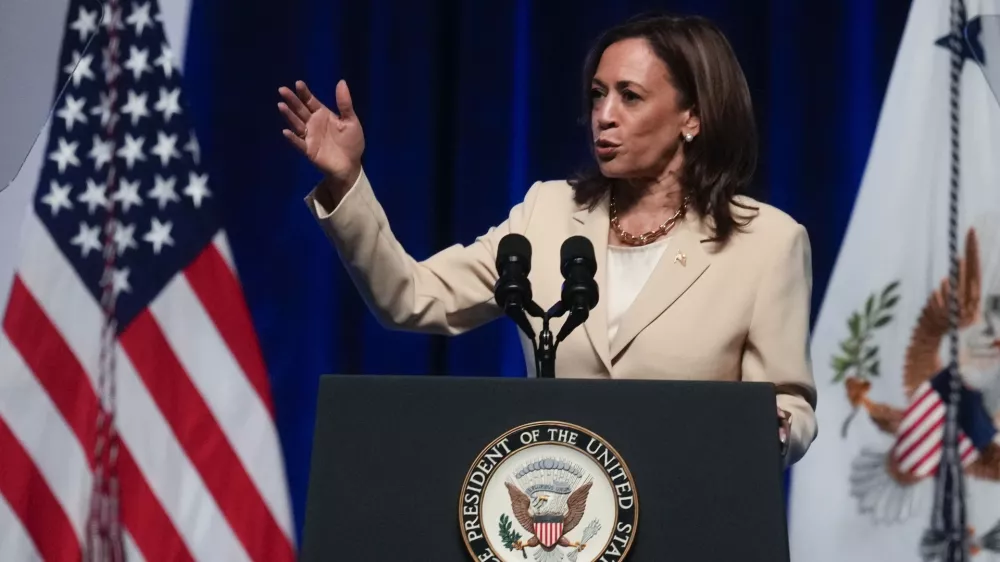 Vice President Kamala Harris speaks during the Zeta Phi Beta Sorority, Inc.'s Grand Boulé, Wednesday, July 24, 2024, in Indianapolis. (AP Photo/Darron Cummings)