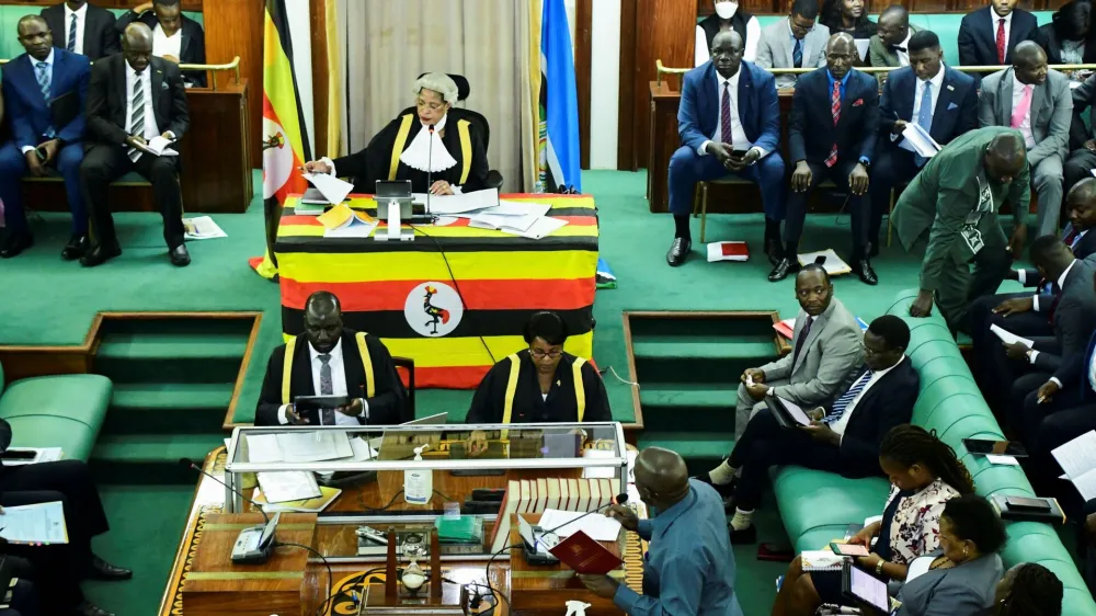 Bugiri Municipality Member of Parliament Asuman Basalirwa, addresses the house as he participates in the debate of the Anti-Homosexuality bill, which proposes tough new penalties for same-sex relations during a sitting at the Parliament buildings in Kampala, Uganda March 21, 2023. REUTERS/Abubaker Lubowa