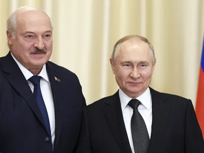 FILE - Russian President Vladimir Putin, right, and Belarusian President Alexander Lukashenko pose for a photo prior to their talks at the Novo-Ogaryovo state residence, outside Moscow, Russia, Feb. 17, 2023. Russian President Vladimir Putin has announced that he intends to deploy tactical nuclear weapons on the territory of Belarus. The move appears to be another attempt by Putin to raise the stakes in the conflict in Ukraine. (Vladimir Astapkovich, Sputnik, Kremlin Pool Photo via AP, File)