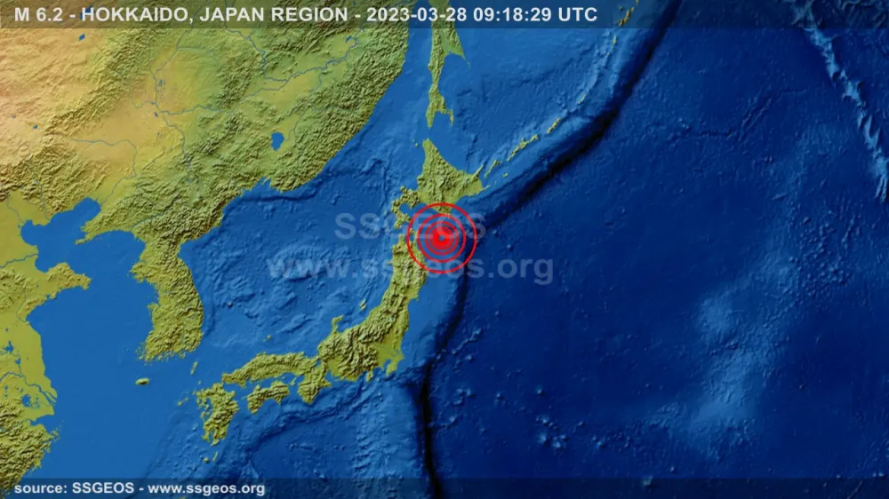 Japonska, Sapporo.<br>Tihem oceanu v blizini otoka Hokaido in regije Aomori na severu Japonske so danes po podatkih ameriskega geoloskega zavoda (USGS) zabelezili potres z magnitudo 6,2 na globini priblizno 30 kilometrov.<br>Foto: SSGEOS