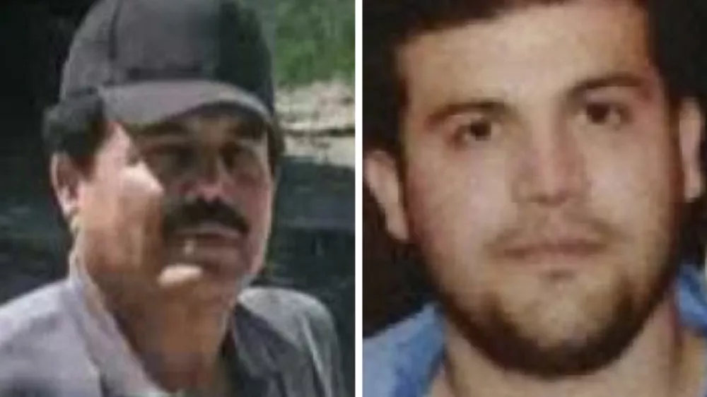 This combo of images provided by the U.S. Department of State show Ismael "El Mayo" Zambada, a historic leader of Mexico's Sinaloa cartel, left, and Joaquín Guzmán López, a son of another infamous cartel leader, after they were arrested by U.S. authorities in Texas, the U.S. Justice Department said Thursday, July 25, 2024. (U.S. Department of State via AP)