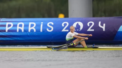 Nina Kostanjsek, of Slovenia, competes during the women's rowing single sculls heat at the 2024 Summer Olympics, Saturday, July 27, 2024, in Vaires-sur-Marne, France. (AP Photo/Lindsey Wasson)