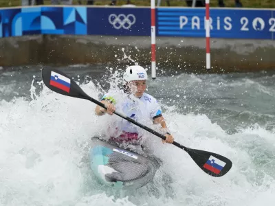 Eva Tercelj of Slovenia competes in the women's kayak single heats during the canoe slalom at the 2024 Summer Olympics, Saturday, July 27, 2024, in Vaires-sur-Marne, France. (AP Photo/Kirsty Wigglesworth)