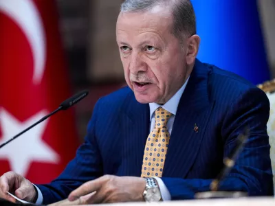 Turkish President Recep Tayyip Erdogan talks during a joint news conference with Ukrainian President Volodymyr Zelenskyy following their meeting at Dolmabahce palace in Istanbul, Turkey, Friday, March 8, 2024. (AP Photo/Francisco Seco)