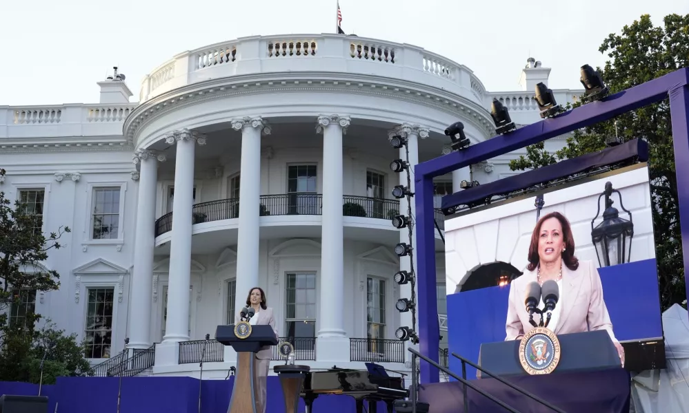 FILE - Vice President Kamala Harris speaks during a Juneteenth concert on the South Lawn of the White House in Washington, Tuesday, June 13, 2023. An election year that was already bitterly partisan has been completely upended by President Joe Biden's decision to drop out of the 2024 White House race and endorse Vice President Kamala Harris. (AP Photo/Susan Walsh, File)